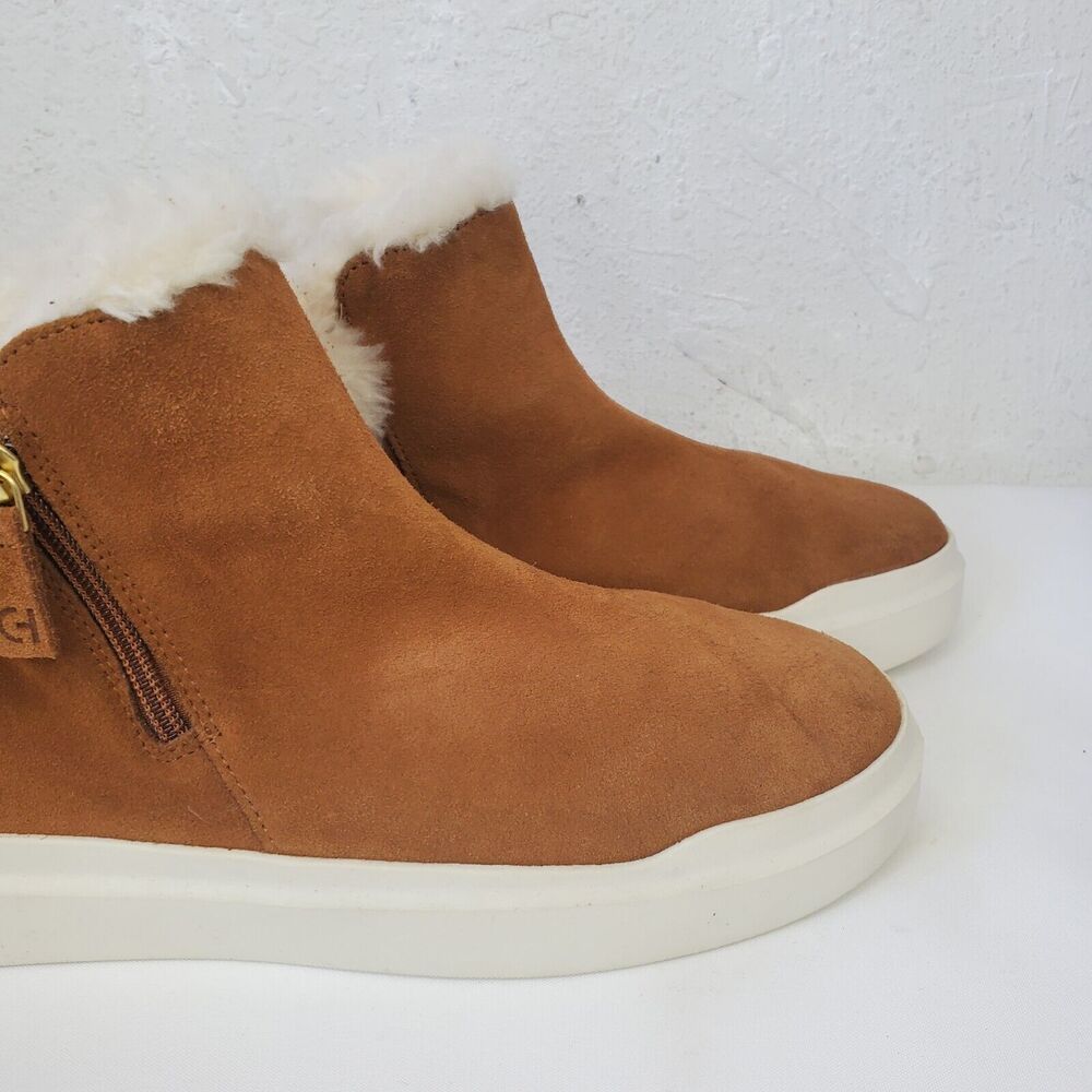 Cole Haan Grand Wateproof Brown Suede Ankle Boot Faux Fur Trim Side Zip 10.5 B - Picture 7 of 12